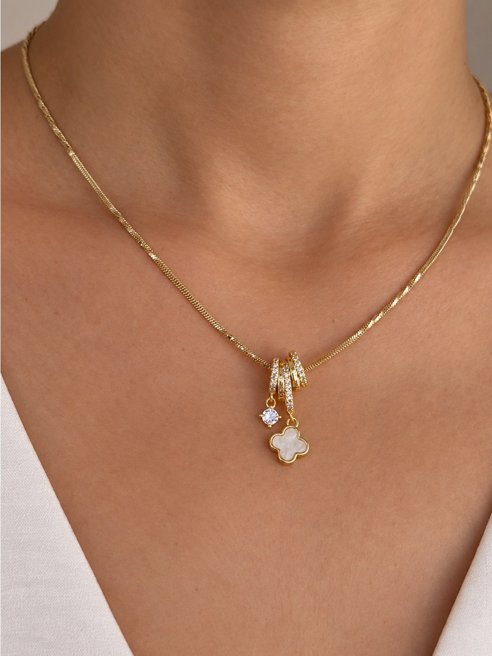 14K Gold Plated MoP Clover Necklace | CZ Pavé Rings & Crystal Charm - Picture 3 of 9